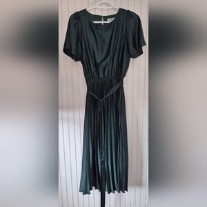 Polagram Dark Green Pleated Maxi Dress with Waist Tie